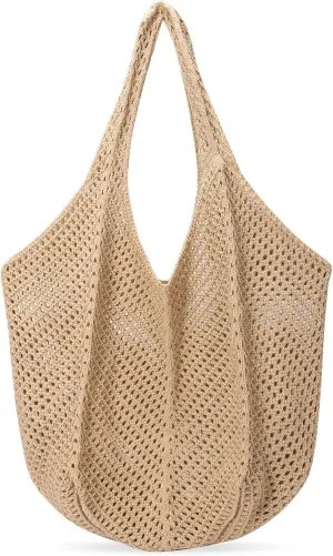 SANSTHS Crochet Mesh Beach Tote Bag Retro Hobo Knitted Bag Woven Tote Summer Shoulder Bag for Women