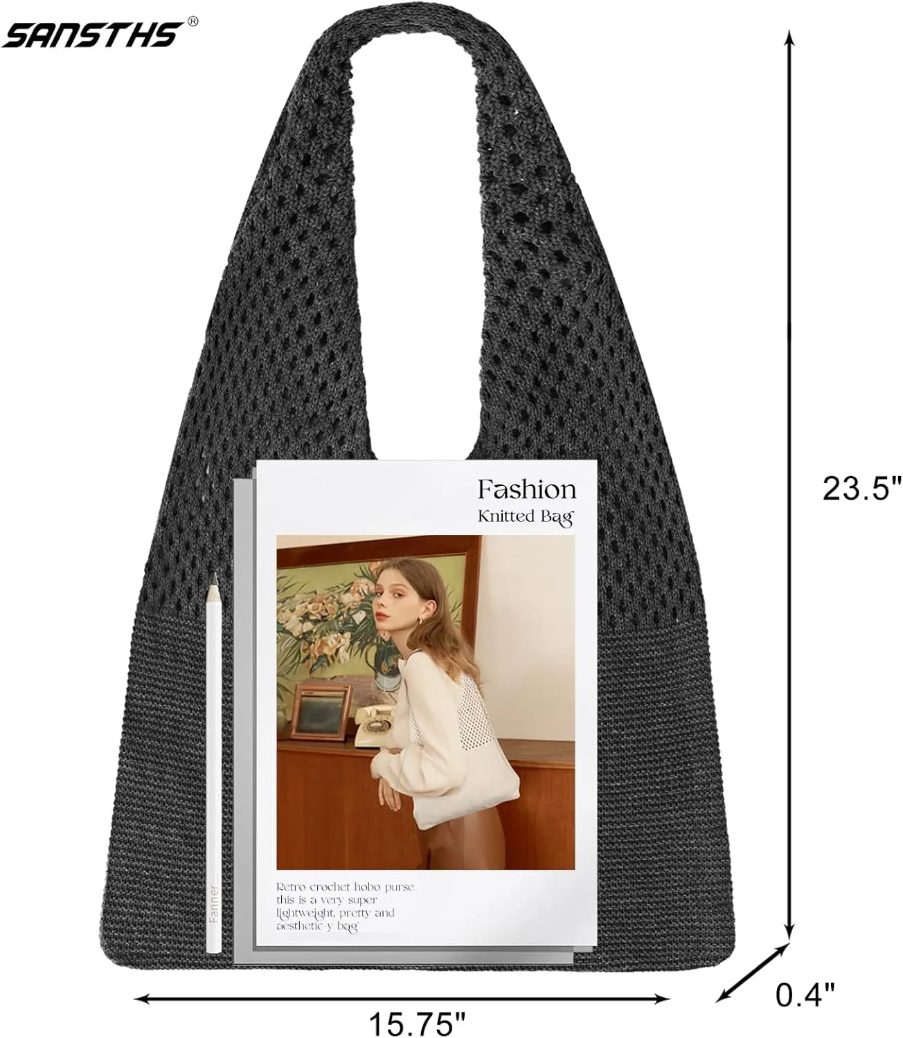 SANSTHS Crochet Mesh Beach Tote Bag Retro Hobo Knitted Bag Woven Tote Summer Shoulder Bag for Women