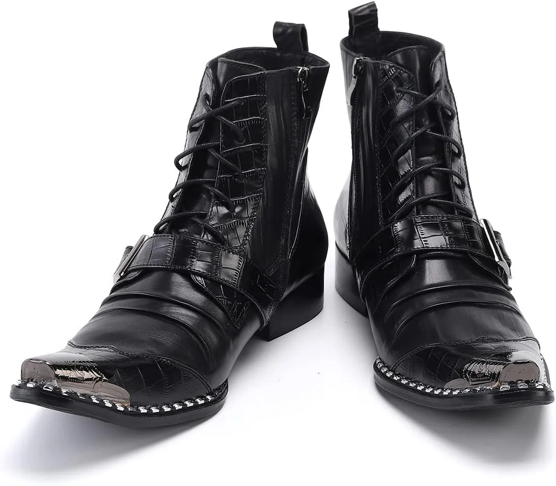 Santimon Men's Fashion Ankle Boots Metal Square-Toe Leather Lace-Up Zipper Monk Strap Chelsea Comfort Casual Dress Shoes