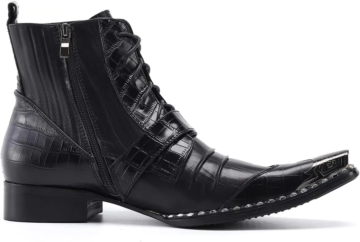 Santimon Men's Fashion Ankle Boots Metal Square-Toe Leather Lace-Up Zipper Monk Strap Chelsea Comfort Casual Dress Shoes