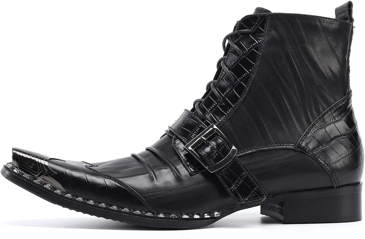 Santimon Men's Fashion Ankle Boots Metal Square-Toe Leather Lace-Up Zipper Monk Strap Chelsea Comfort Casual Dress Shoes