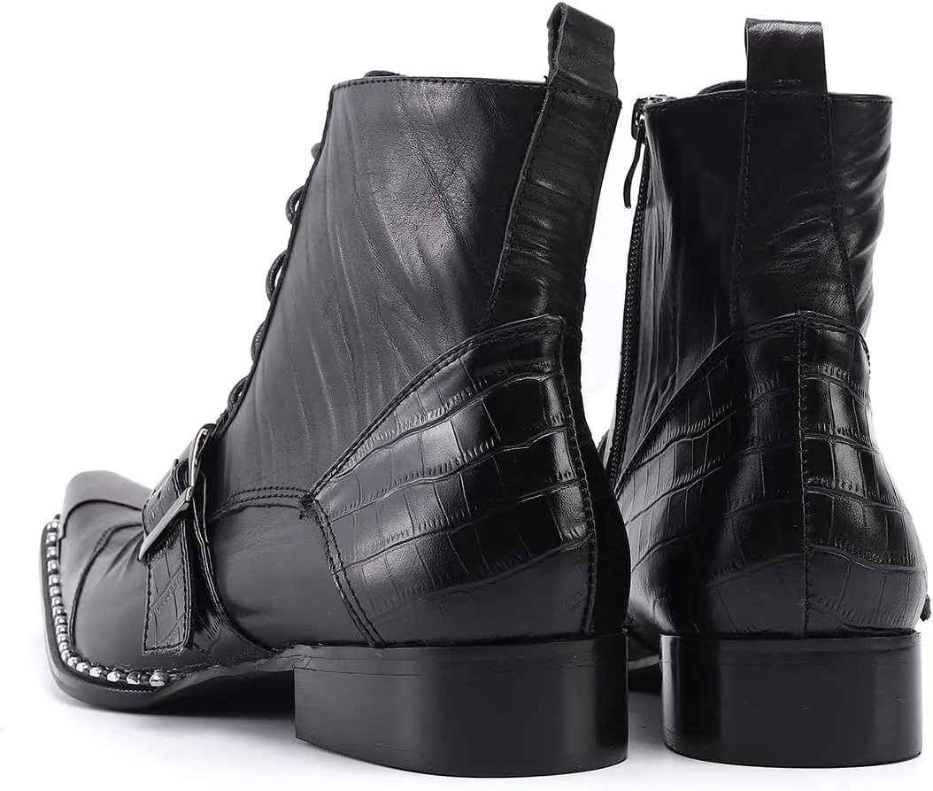 Santimon Men's Fashion Ankle Boots Metal Square-Toe Leather Lace-Up Zipper Monk Strap Chelsea Comfort Casual Dress Shoes