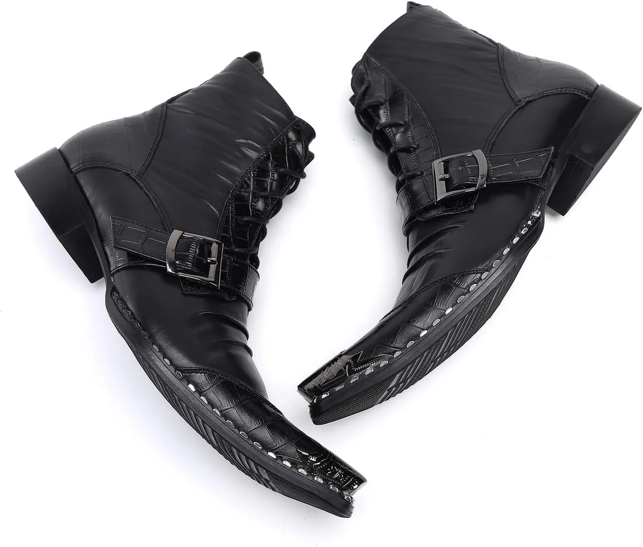 Santimon Men's Fashion Ankle Boots Metal Square-Toe Leather Lace-Up Zipper Monk Strap Chelsea Comfort Casual Dress Shoes