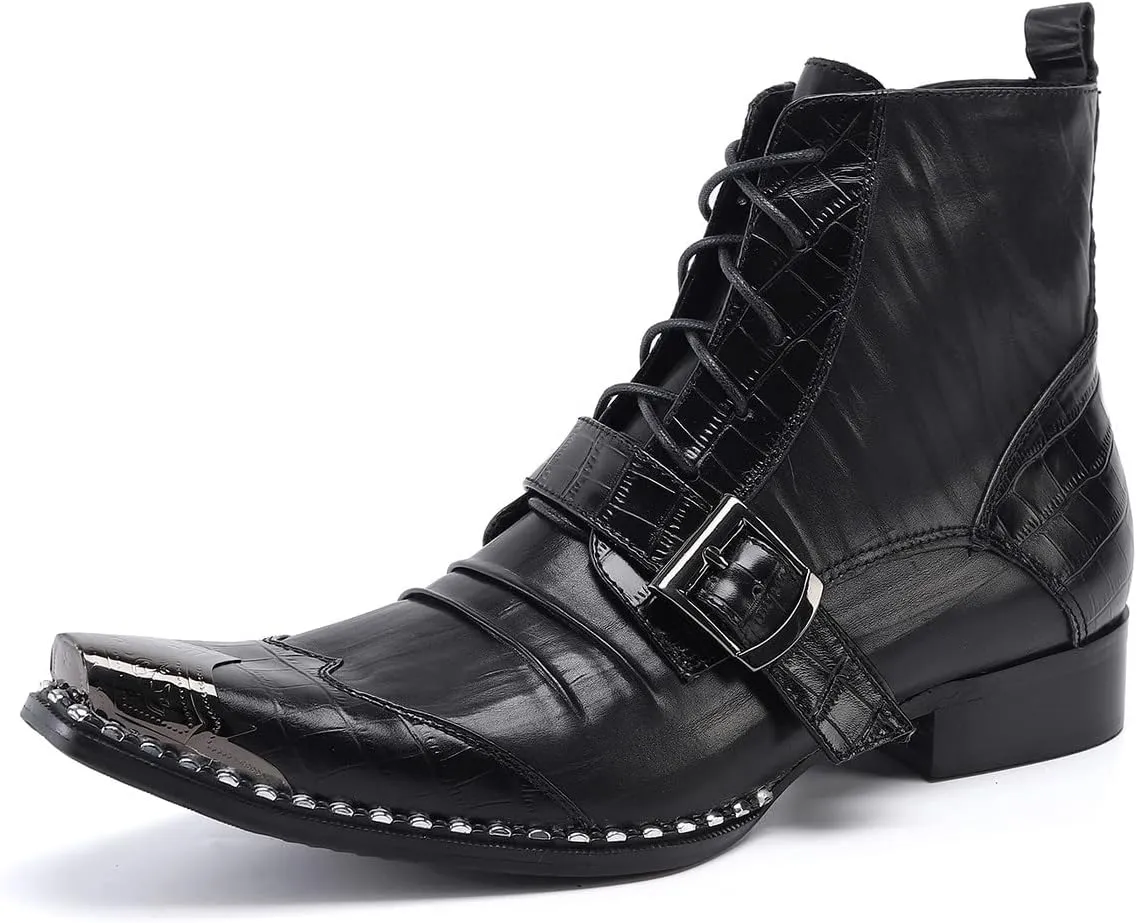 Santimon Men's Fashion Ankle Boots Metal Square-Toe Leather Lace-Up Zipper Monk Strap Chelsea Comfort Casual Dress Shoes