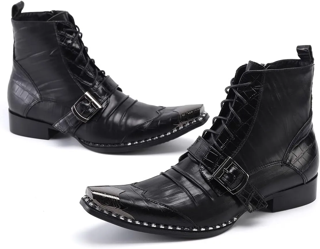Santimon Men's Fashion Ankle Boots Metal Square-Toe Leather Lace-Up Zipper Monk Strap Chelsea Comfort Casual Dress Shoes