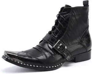 Santimon Men's Fashion Ankle Boots Metal Square-Toe Leather Lace-Up Zipper Monk Strap Chelsea Comfort Casual Dress Shoes