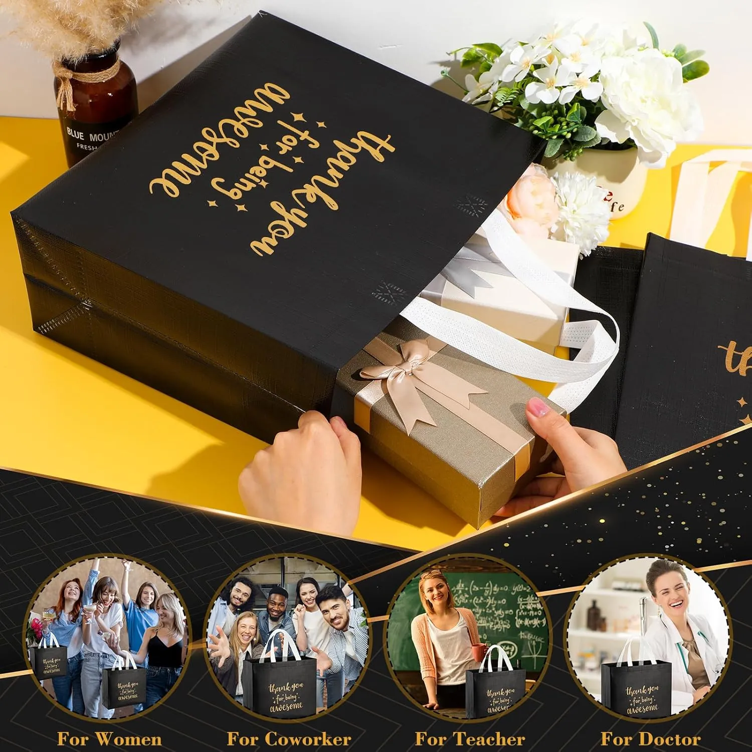 Sanwuta 12 Pcs Teacher Appreciation Gift Employee Volunteer Appreciation Bag for Administrative Assistant Thank You for Being Awesome Gift for Nurse Graduation Coworker Staff(Black)