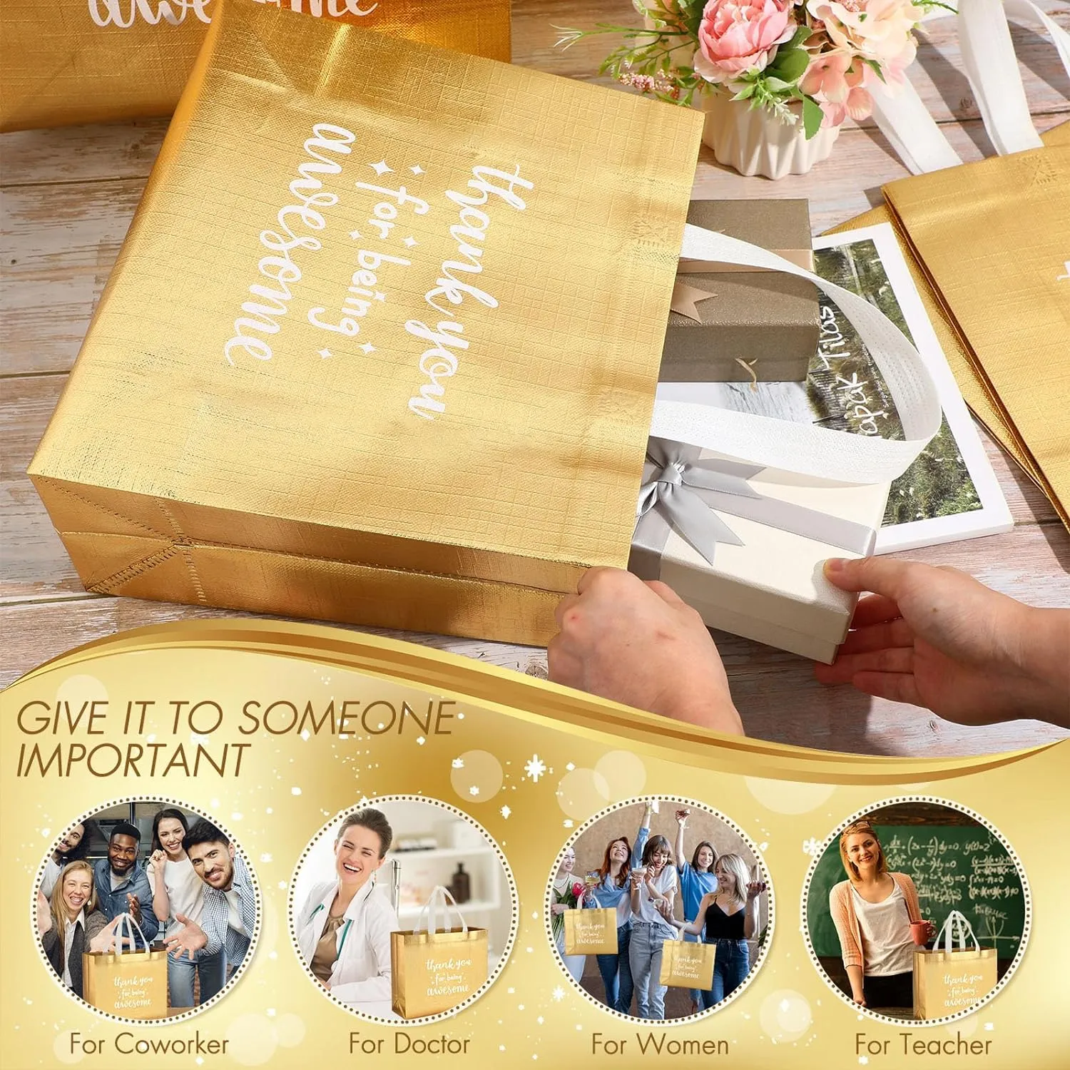Sanwuta 12 Pcs Teacher Appreciation Gift Employee Volunteer Appreciation Bag for Administrative Assistant Thank You for Being Awesome Gift for Nurse Graduation Coworker Staff(Gold)