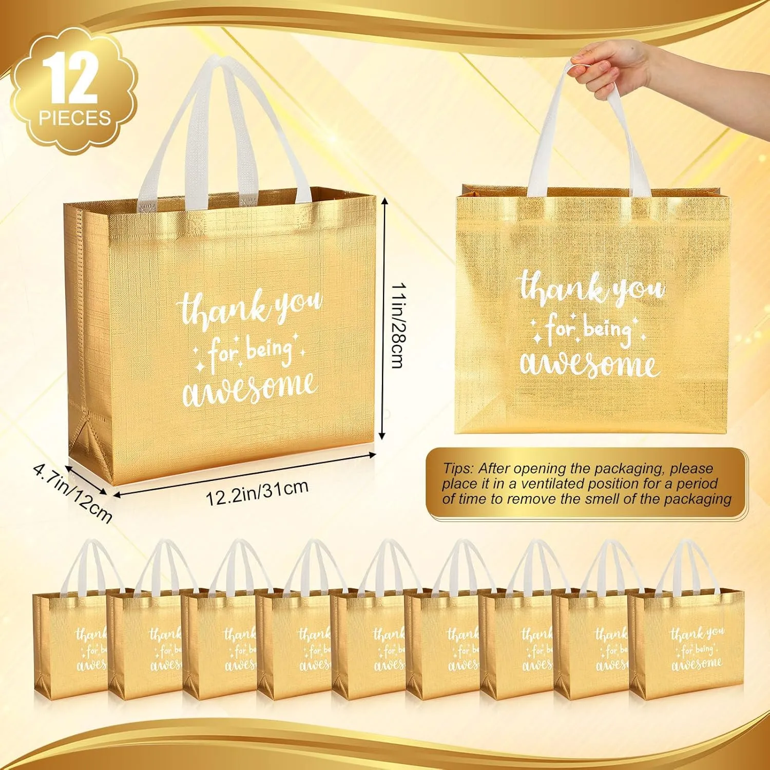 Sanwuta 12 Pcs Teacher Appreciation Gift Employee Volunteer Appreciation Bag for Administrative Assistant Thank You for Being Awesome Gift for Nurse Graduation Coworker Staff(Gold)