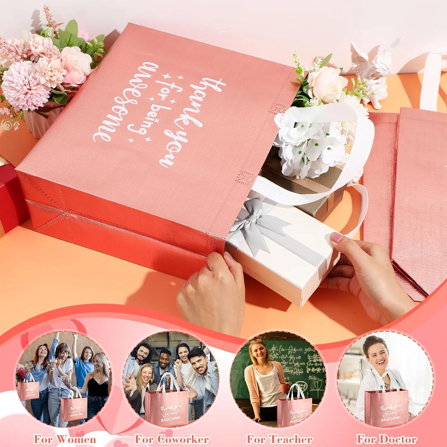 Sanwuta 12 Pcs Teacher Appreciation Gift Employee Volunteer Appreciation Bag for Administrative Assistant Thank You for Being Awesome Gift for Nurse Graduation Coworker Staff(Rose Gold)