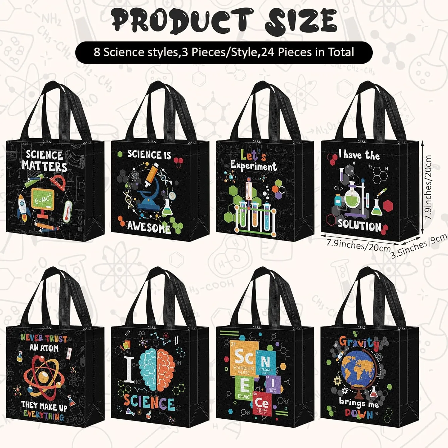 Sanwuta 24 Pcs Science Party Favor Bags Goodie Gift Treat Bag with Handles for Kids Students Party Supplies (Black)