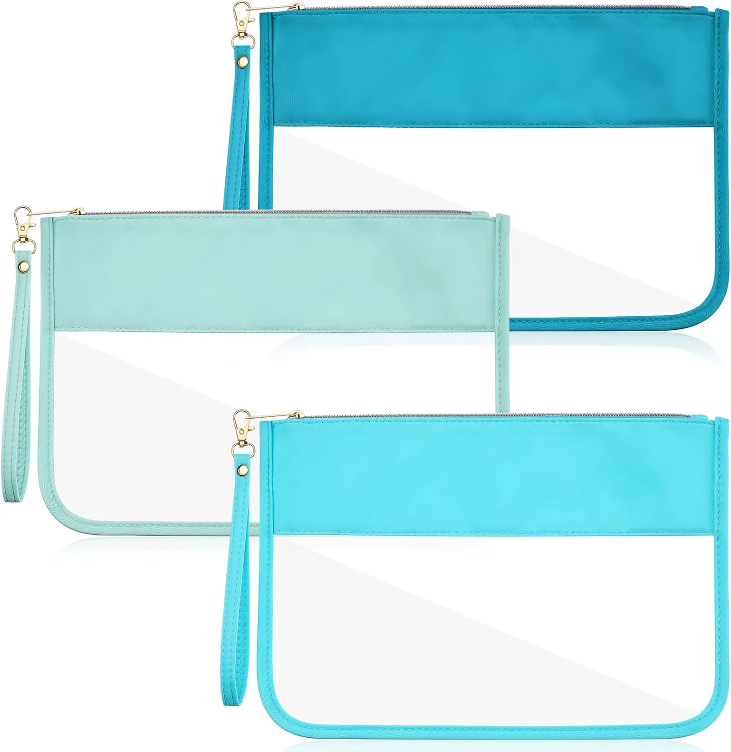 Sanwuta 3 Pcs Preppy Makeup Bag Clear Zipper Pouches for Travel Clear PVC Flat Pouch Nylon Makeup Bags Cosmetic Travel Toiletry for Women Girls(Blue)