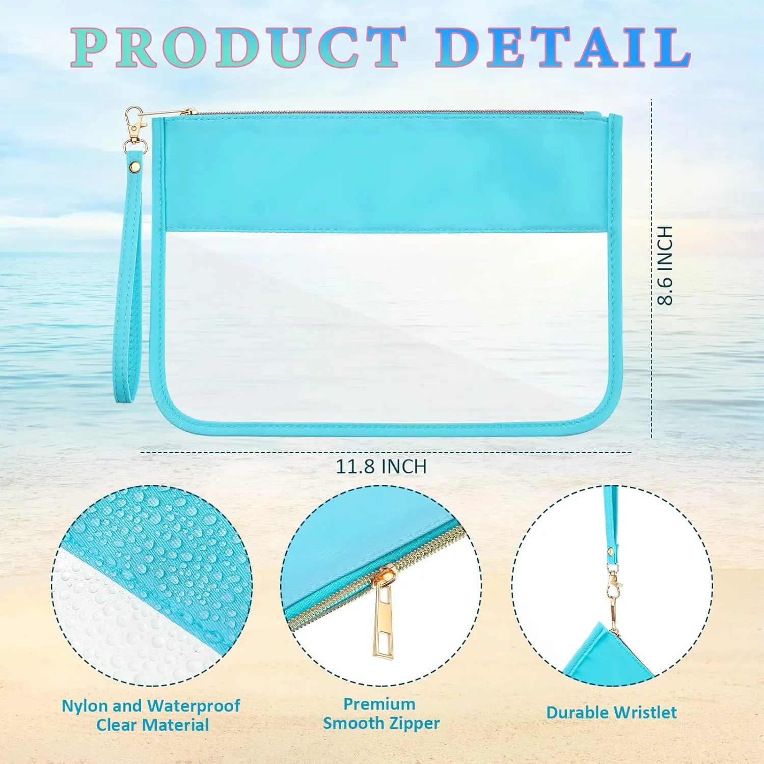 Sanwuta 3 Pcs Preppy Makeup Bag Clear Zipper Pouches for Travel Clear PVC Flat Pouch Nylon Makeup Bags Cosmetic Travel Toiletry for Women Girls(Blue)