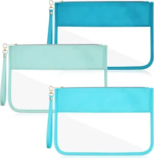 Sanwuta 3 Pcs Preppy Makeup Bag Clear Zipper Pouches for Travel Clear PVC Flat Pouch Nylon Makeup Bags Cosmetic Travel Toiletry for Women Girls(Blue)