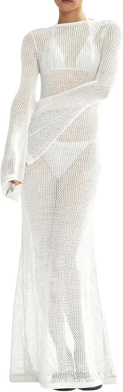 Saodimallsu Womens Crochet Cover Ups Long Sleeve Sexy Mesh Backless Knit Swimsuit Coverup Beach Maxi Dress
