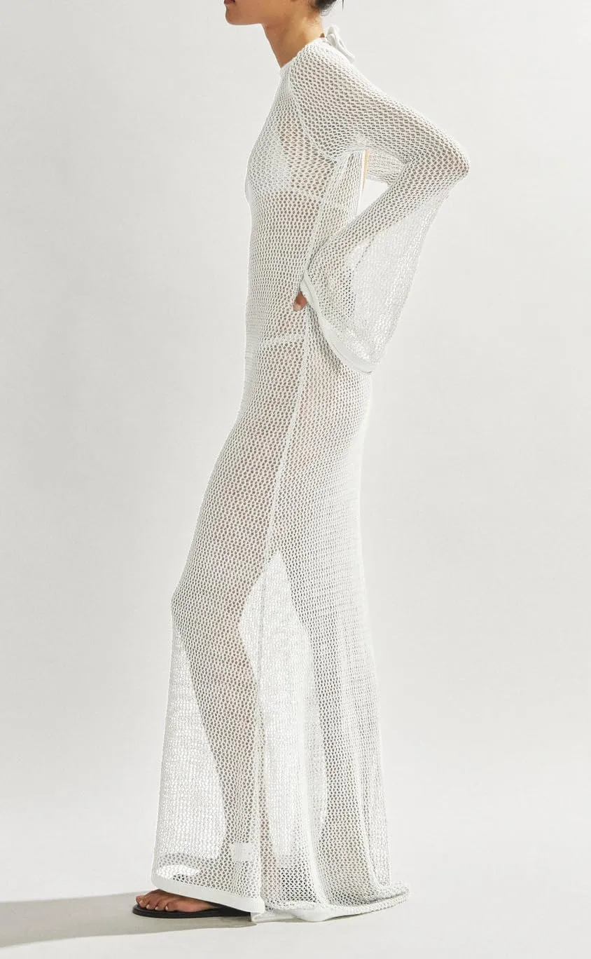 Saodimallsu Womens Crochet Cover Ups Long Sleeve Sexy Mesh Backless Knit Swimsuit Coverup Beach Maxi Dress