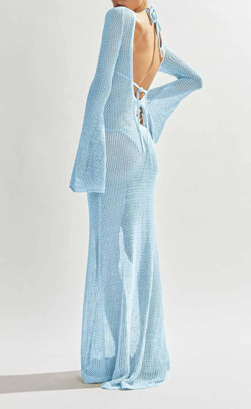 Saodimallsu Womens Crochet Cover Ups Long Sleeve Sexy Mesh Backless Knit Swimsuit Coverup Beach Maxi Dress