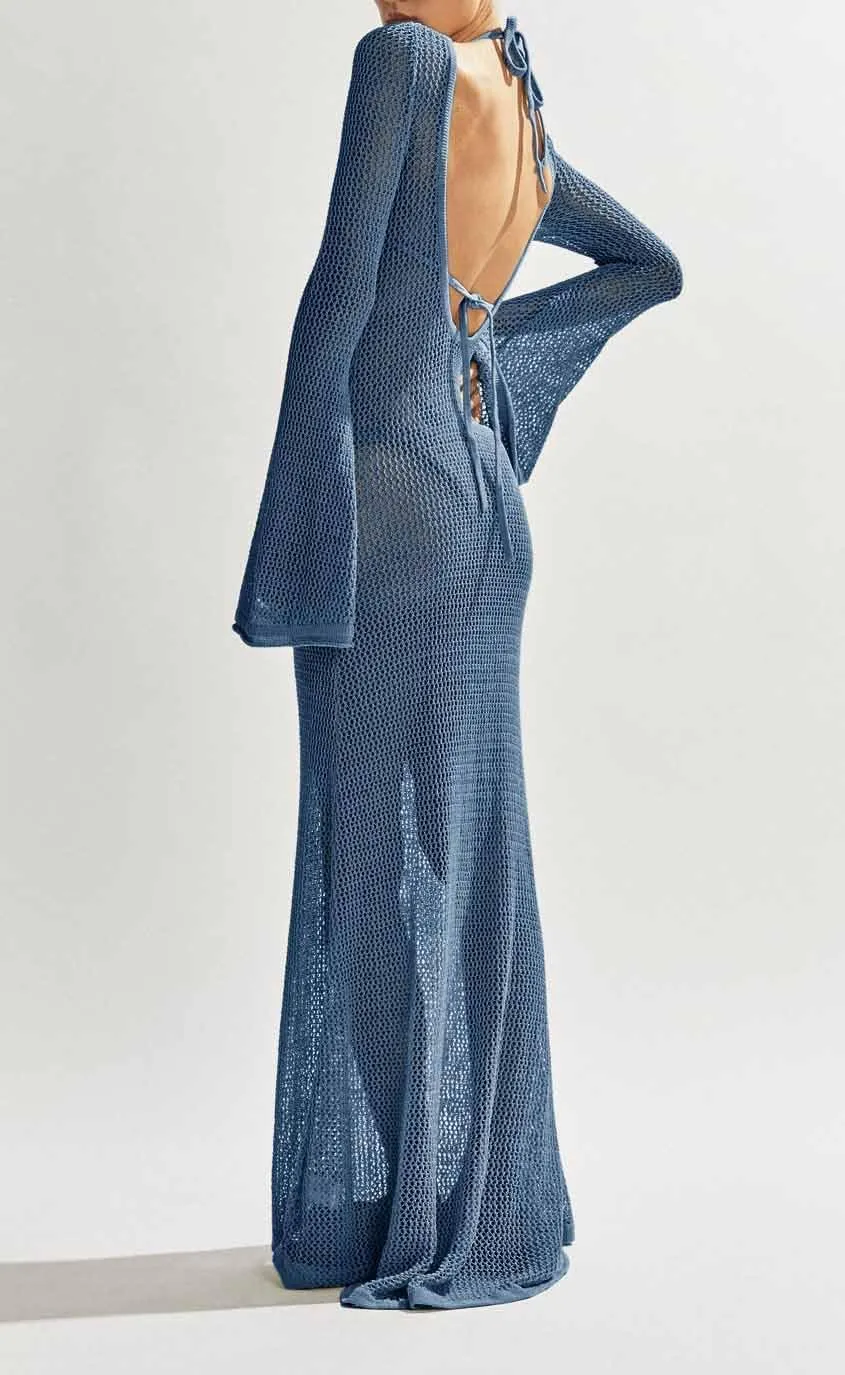 Saodimallsu Womens Crochet Cover Ups Long Sleeve Sexy Mesh Backless Knit Swimsuit Coverup Beach Maxi Dress