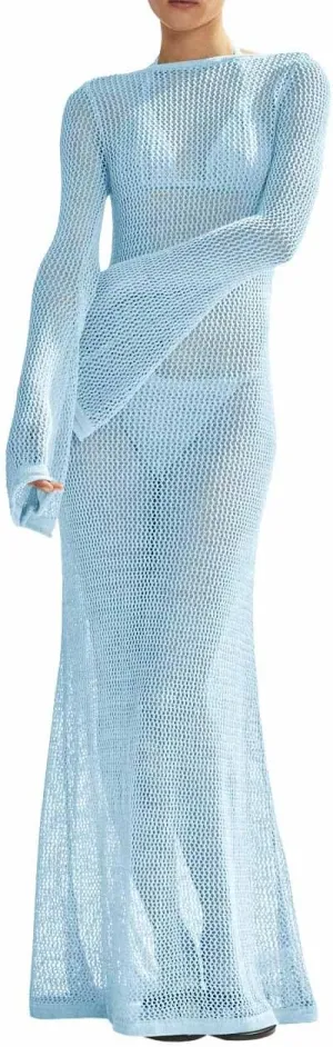 Saodimallsu Womens Crochet Cover Ups Long Sleeve Sexy Mesh Backless Knit Swimsuit Coverup Beach Maxi Dress