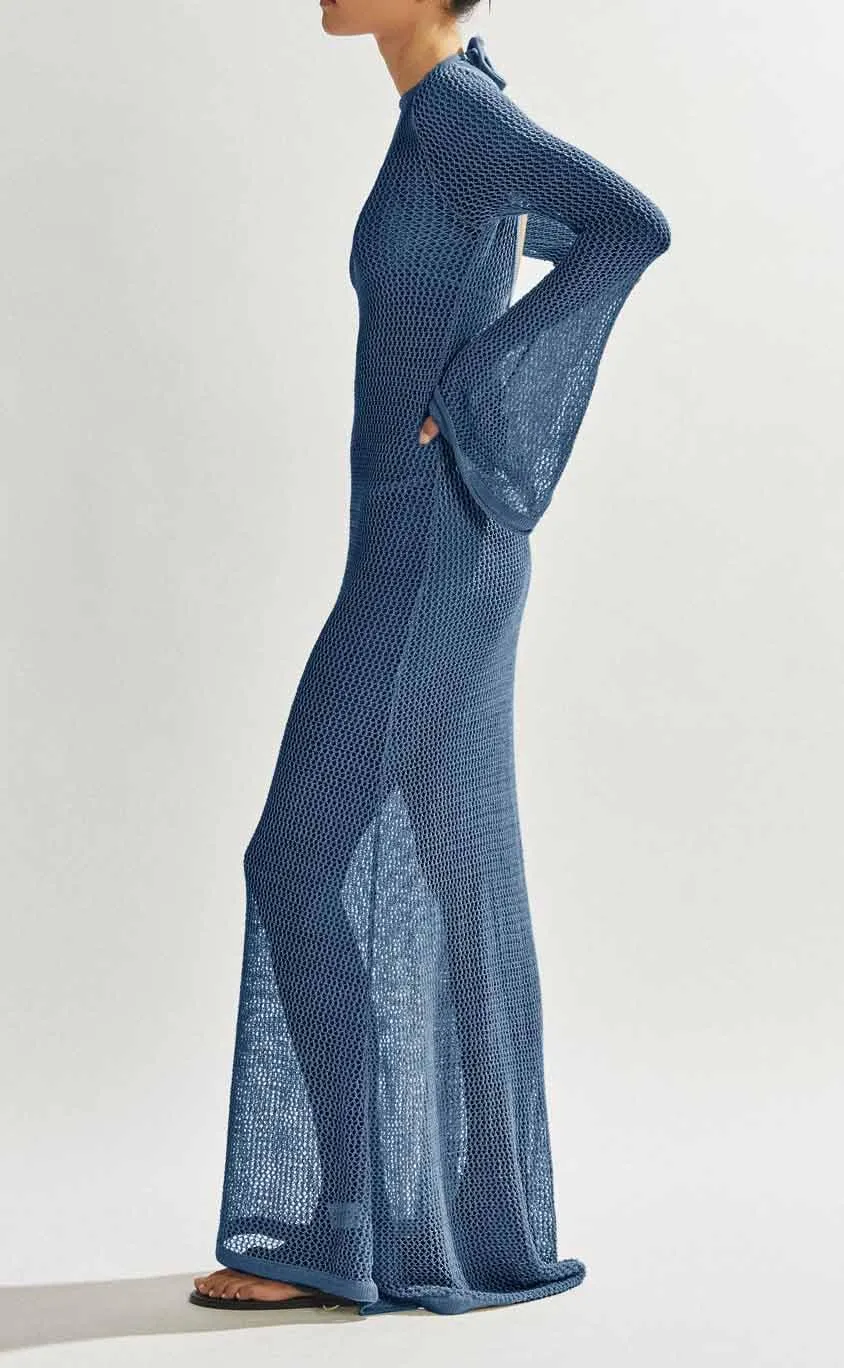 Saodimallsu Womens Crochet Cover Ups Long Sleeve Sexy Mesh Backless Knit Swimsuit Coverup Beach Maxi Dress