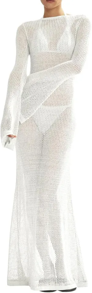 Saodimallsu Womens Crochet Cover Ups Long Sleeve Sexy Mesh Backless Knit Swimsuit Coverup Beach Maxi Dress