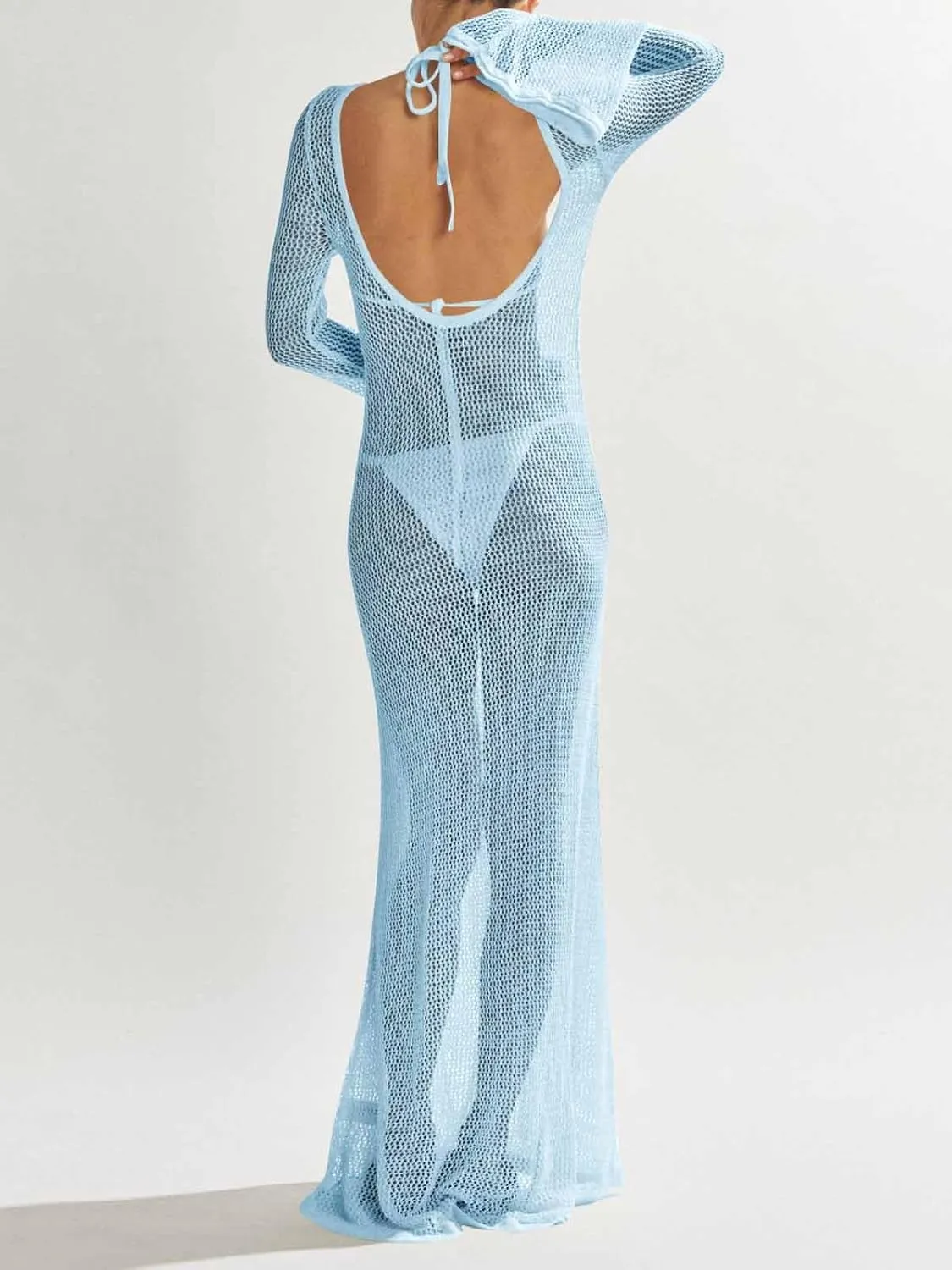Saodimallsu Womens Crochet Cover Ups Long Sleeve Sexy Mesh Backless Knit Swimsuit Coverup Beach Maxi Dress