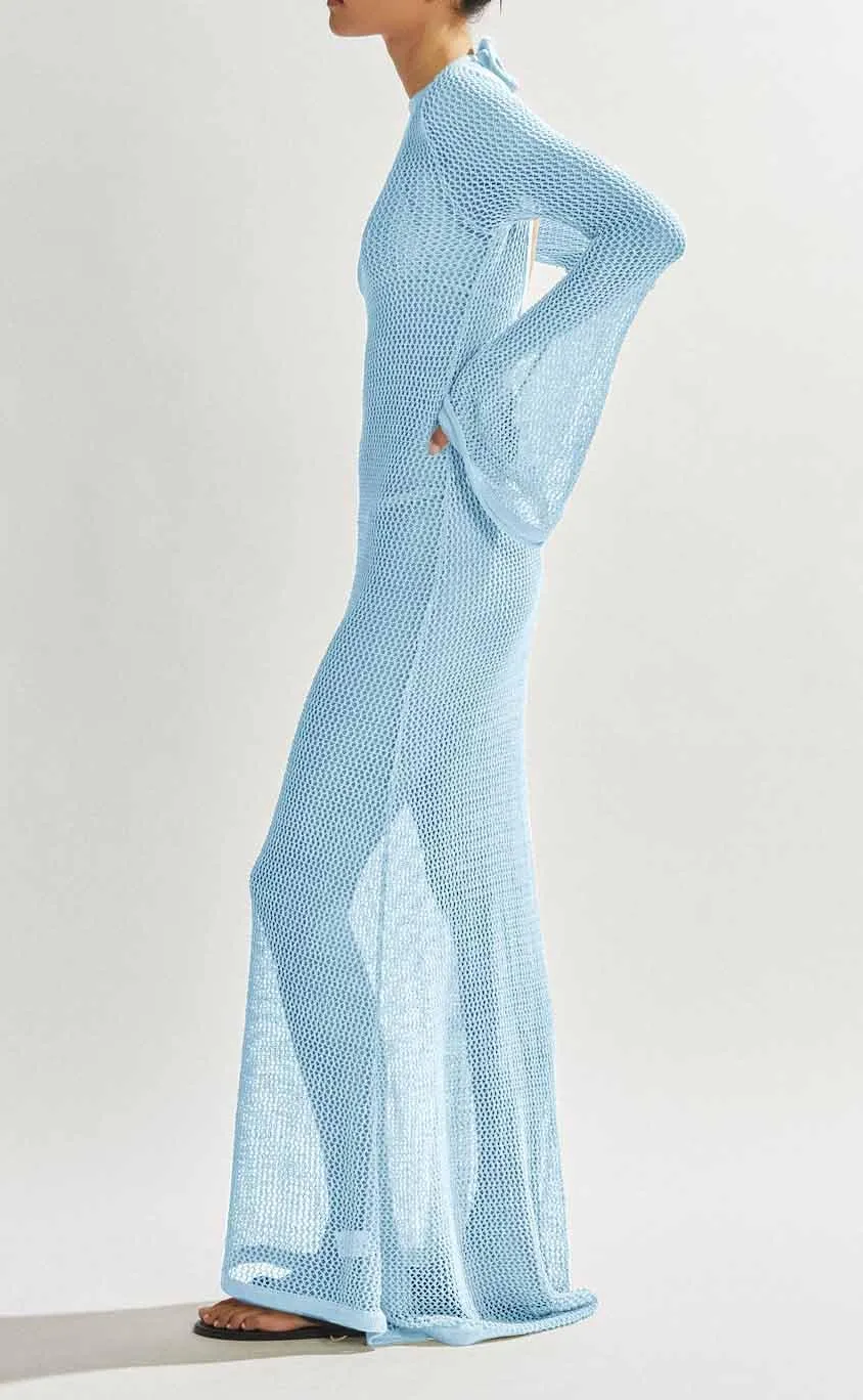 Saodimallsu Womens Crochet Cover Ups Long Sleeve Sexy Mesh Backless Knit Swimsuit Coverup Beach Maxi Dress