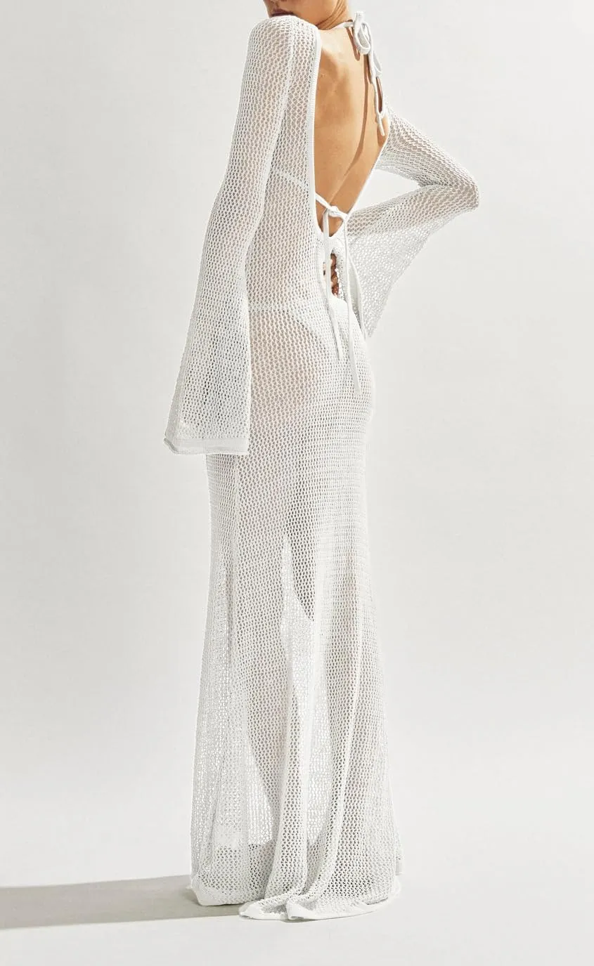 Saodimallsu Womens Crochet Cover Ups Long Sleeve Sexy Mesh Backless Knit Swimsuit Coverup Beach Maxi Dress