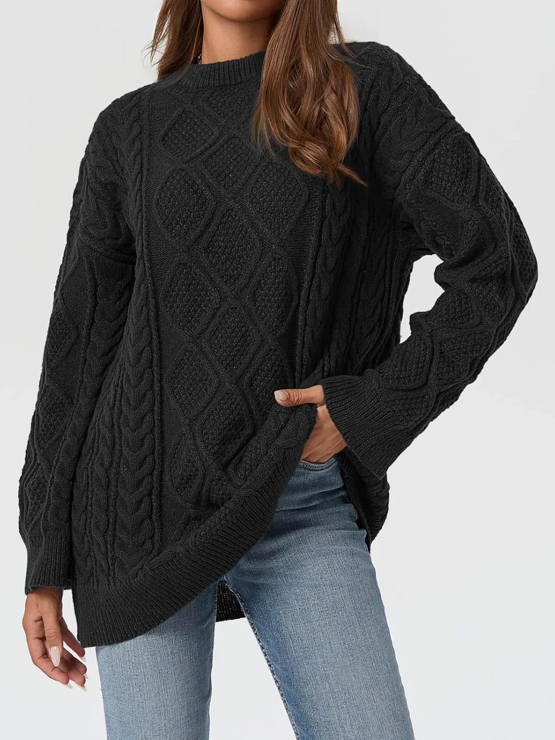 Saodimallsu Womens Oversized Sweaters Cable Knit Chunky Crew Neck Long Sleeve Loose Tunic Pullover Sweater