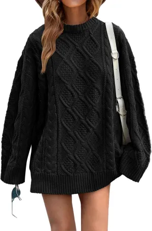 Saodimallsu Womens Oversized Sweaters Cable Knit Chunky Crew Neck Long Sleeve Loose Tunic Pullover Sweater