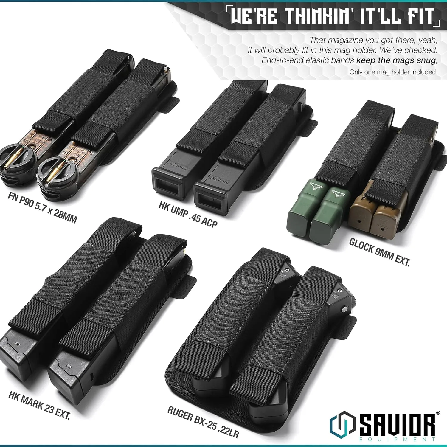 Savior Equipment Tactical Double Pistol Extended Open-Top Mag Pouch Holder Handgun Magazine Storage, Elastic Band to Hold Tight, Hook-Backed Panel