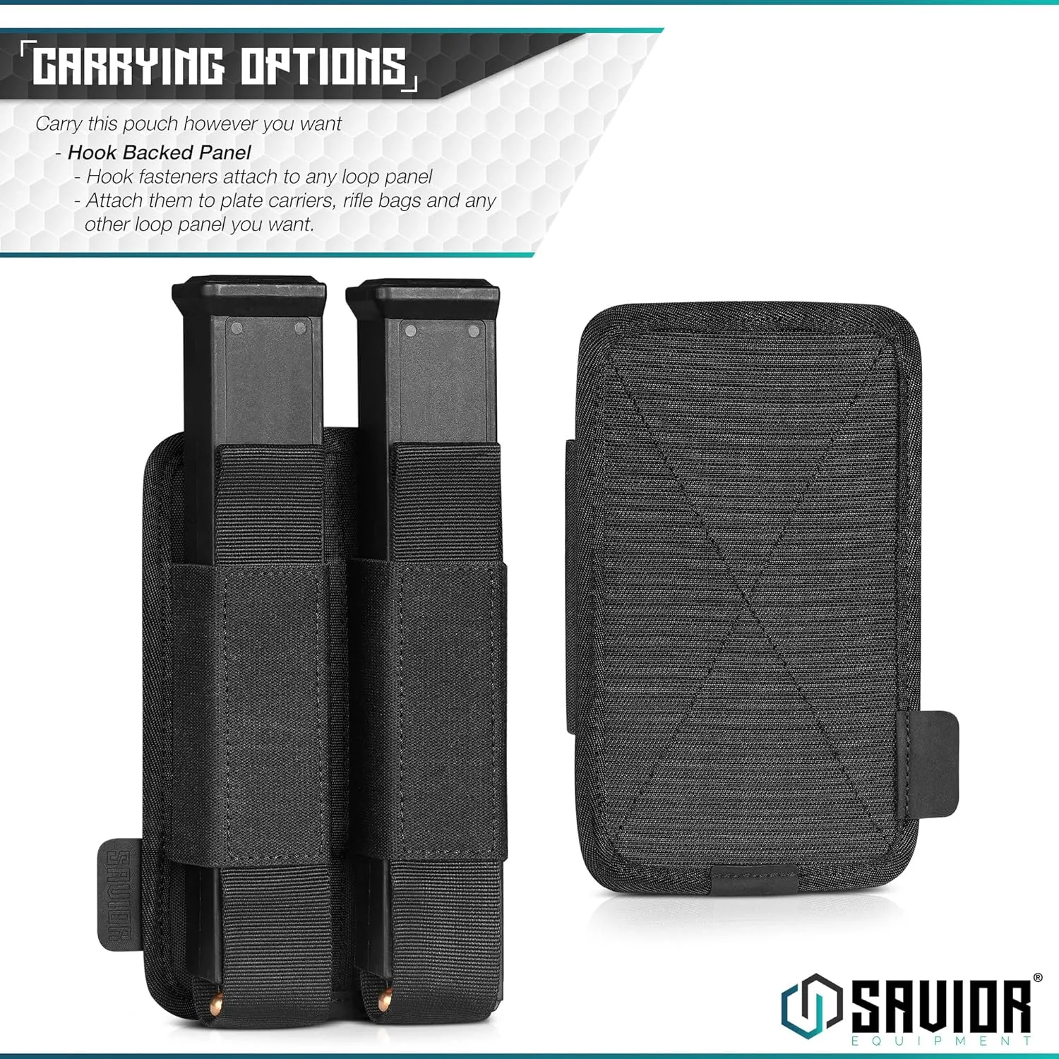 Savior Equipment Tactical Double Pistol Extended Open-Top Mag Pouch Holder Handgun Magazine Storage, Elastic Band to Hold Tight, Hook-Backed Panel