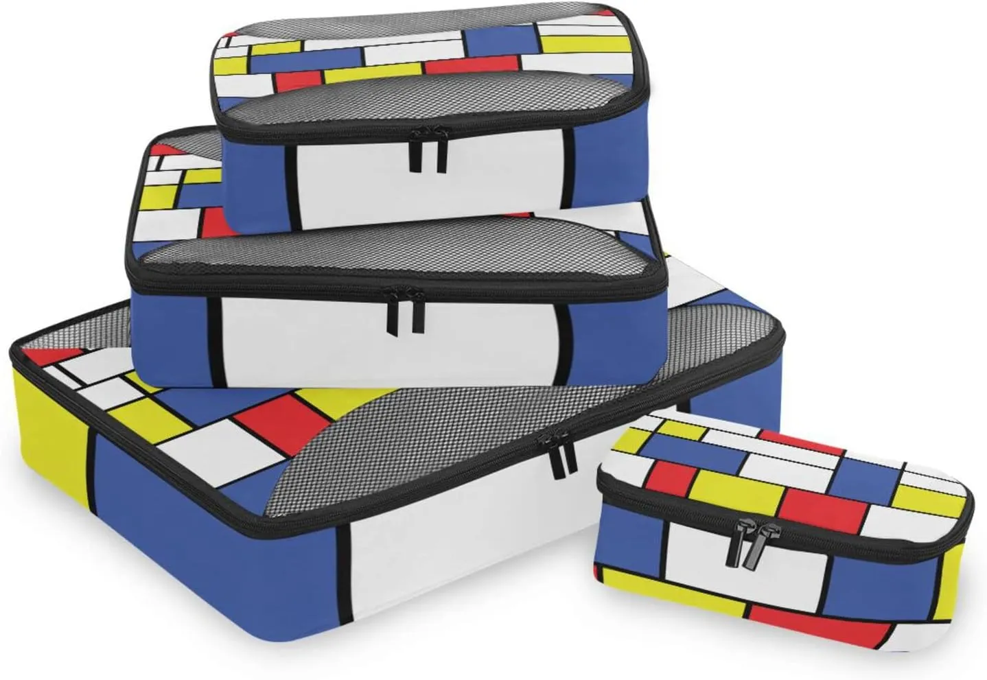Seamless Geometric Red, Blue and Yellow White Mosaic Checker Plaid 4 PCs Set Packing Bags, Luggage Organizer Bag, Portable Cube Toiletry bag, Durable Travel Cosmetic Storage Bag for Men Women