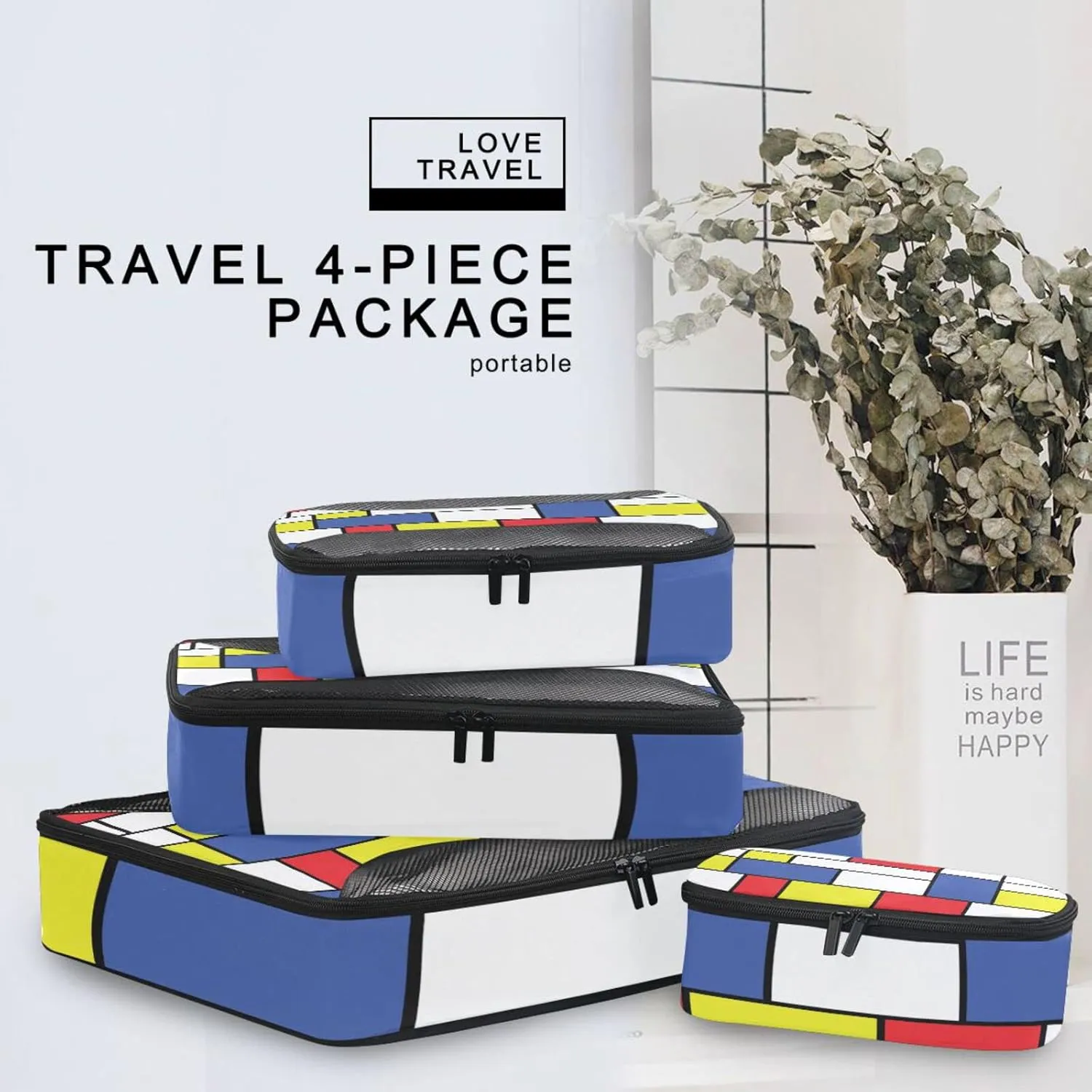 Seamless Geometric Red, Blue and Yellow White Mosaic Checker Plaid 4 PCs Set Packing Bags, Luggage Organizer Bag, Portable Cube Toiletry bag, Durable Travel Cosmetic Storage Bag for Men Women