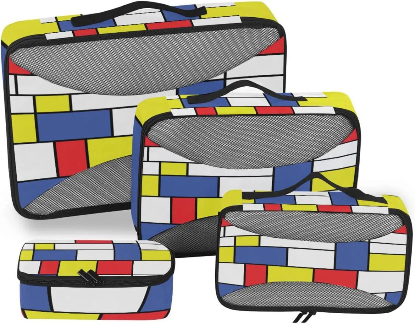 Seamless Geometric Red, Blue and Yellow White Mosaic Checker Plaid 4 PCs Set Packing Bags, Luggage Organizer Bag, Portable Cube Toiletry bag, Durable Travel Cosmetic Storage Bag for Men Women