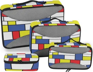 Seamless Geometric Red, Blue and Yellow White Mosaic Checker Plaid 4 PCs Set Packing Bags, Luggage Organizer Bag, Portable Cube Toiletry bag, Durable Travel Cosmetic Storage Bag for Men Women