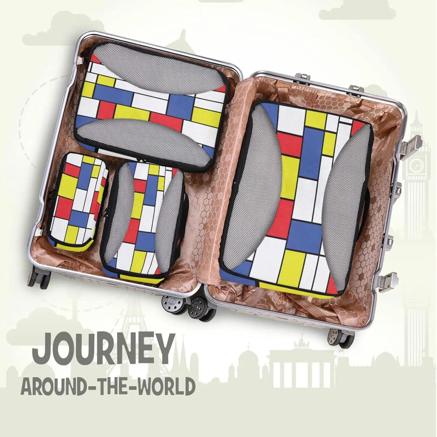 Seamless Geometric Red, Blue and Yellow White Mosaic Checker Plaid 4 PCs Set Packing Bags, Luggage Organizer Bag, Portable Cube Toiletry bag, Durable Travel Cosmetic Storage Bag for Men Women