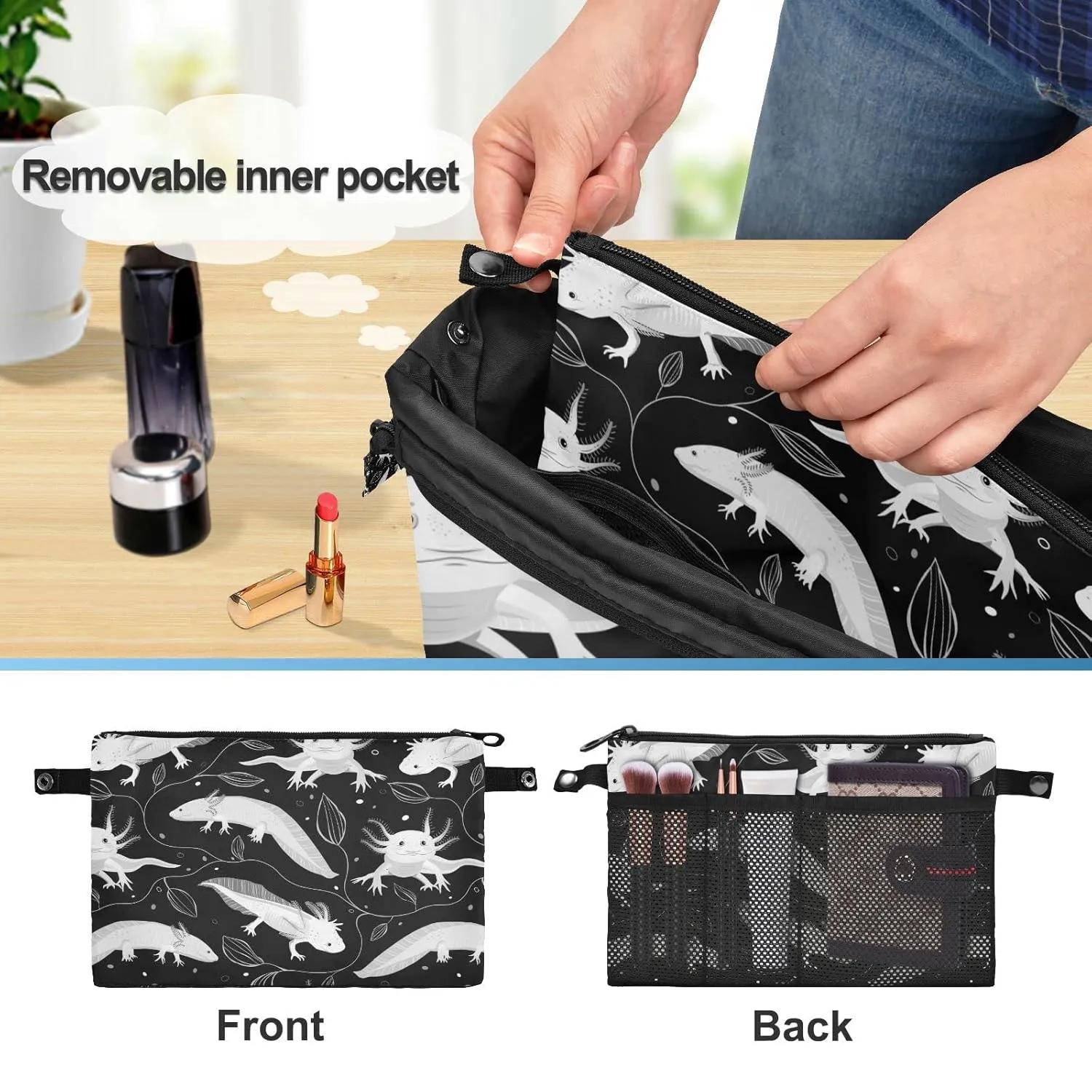 Seamless White Swimming Axolotls, Algae Leaves on Dark Women Cosmetic Storage Handbag Case Portable Coin Purse, Makeup Bag Toiletry Handbag Organizer, Large Ladies Pouch Holder L