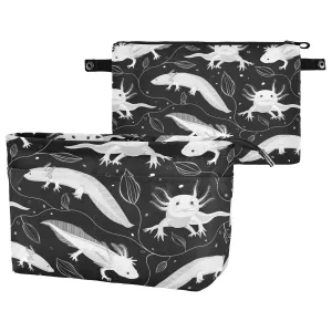 Seamless White Swimming Axolotls, Algae Leaves on Dark Women Cosmetic Storage Handbag Case Portable Coin Purse, Makeup Bag Toiletry Handbag Organizer, Large Ladies Pouch Holder L