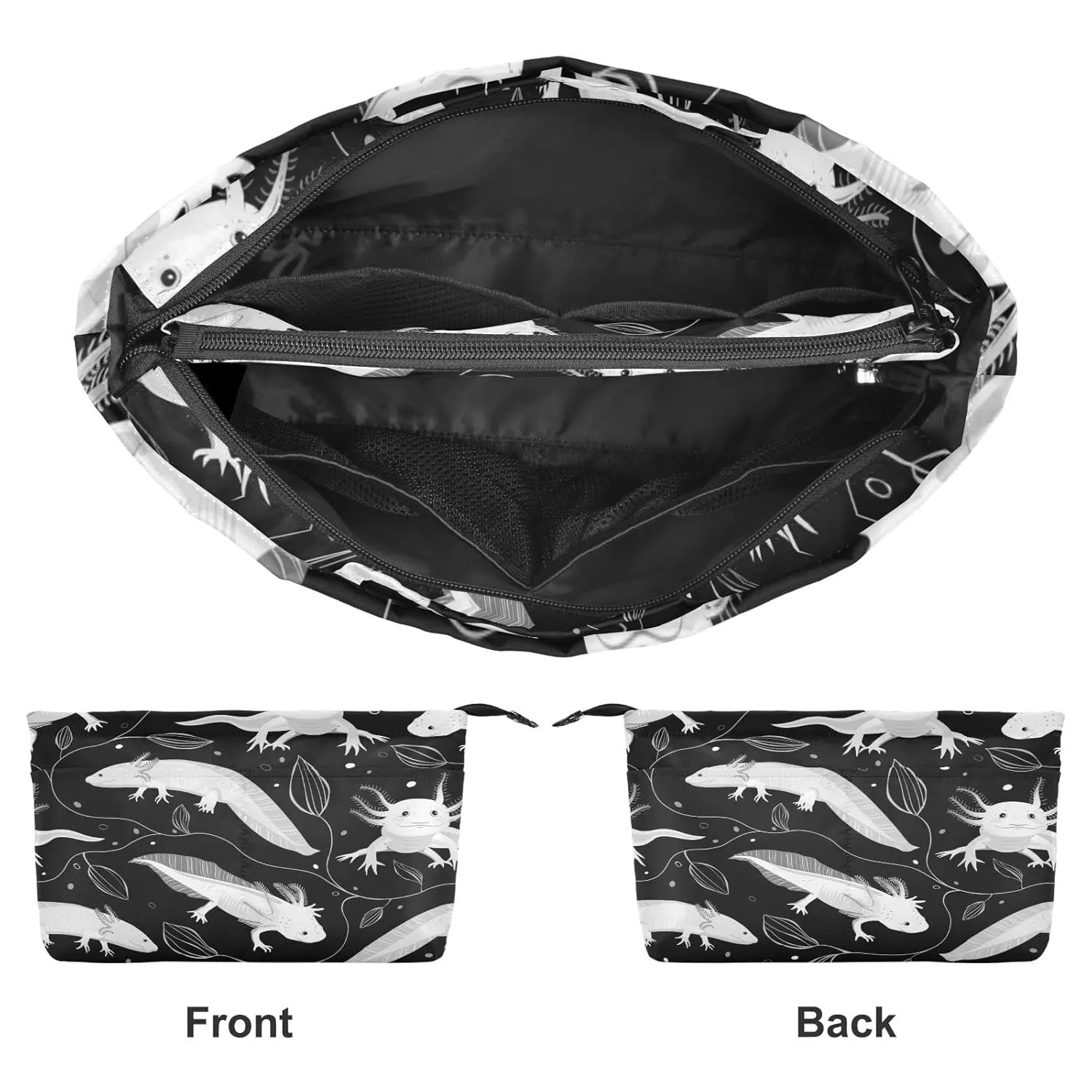 Seamless White Swimming Axolotls, Algae Leaves on Dark Women Cosmetic Storage Handbag Case Portable Coin Purse, Makeup Bag Toiletry Handbag Organizer, Large Ladies Pouch Holder L