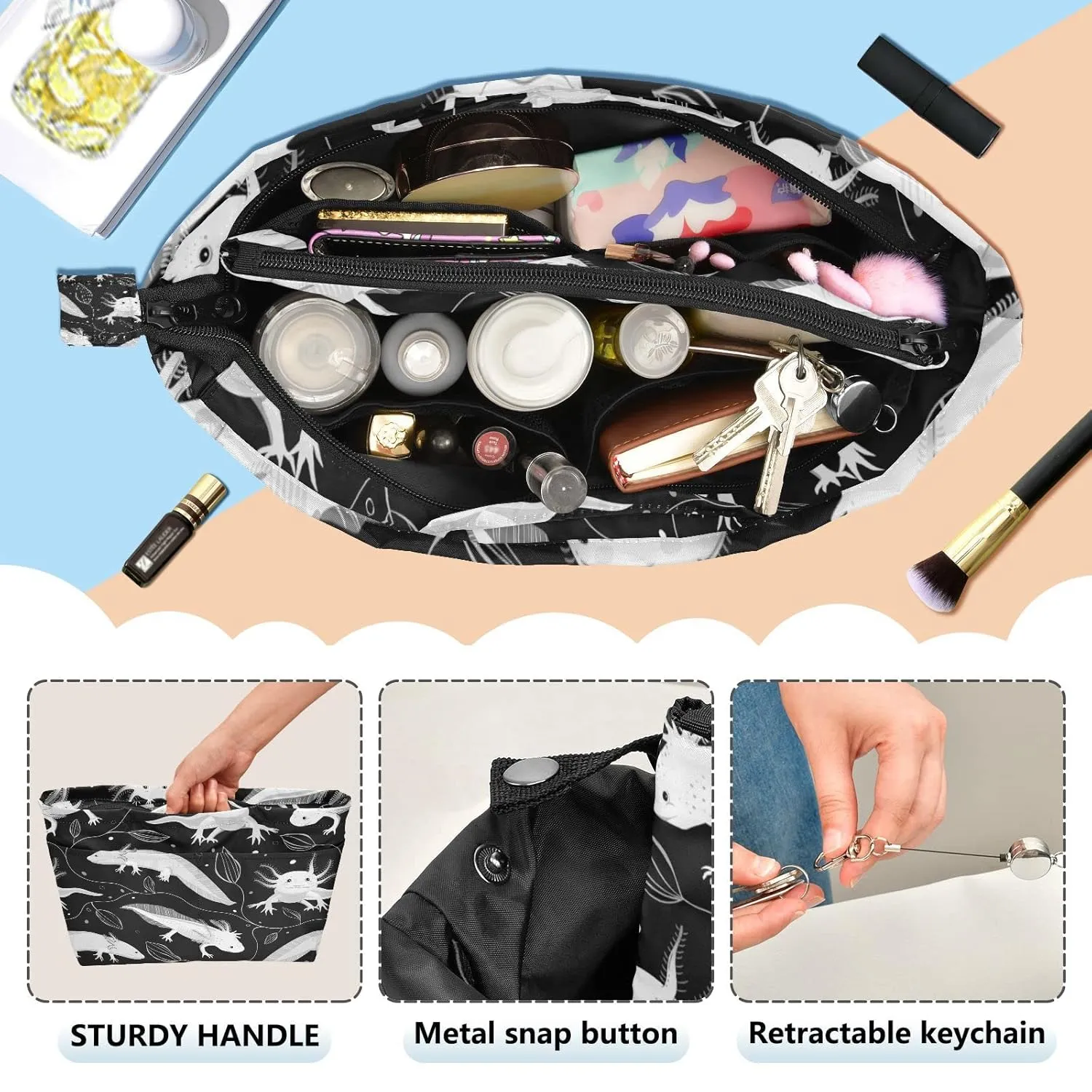Seamless White Swimming Axolotls, Algae Leaves on Dark Women Cosmetic Storage Handbag Case Portable Coin Purse, Makeup Bag Toiletry Handbag Organizer, Large Ladies Pouch Holder L