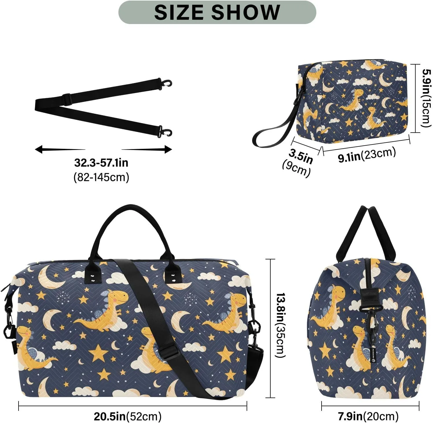 senya Weekender Bags Travel Duffel Gym Bag Dinosaur Stars Moon Carry on Overnight Tote Bag with Toiletry Bag for Airplane Travel Trip Gym Yoga
