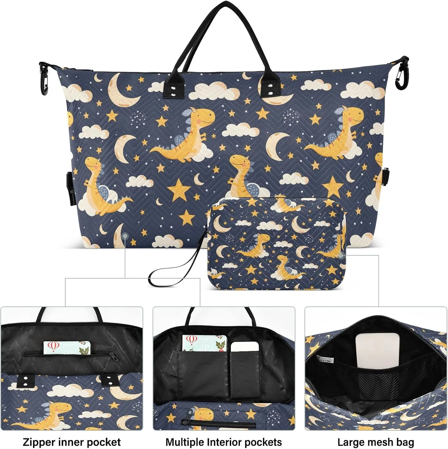 senya Weekender Bags Travel Duffel Gym Bag Dinosaur Stars Moon Carry on Overnight Tote Bag with Toiletry Bag for Airplane Travel Trip Gym Yoga