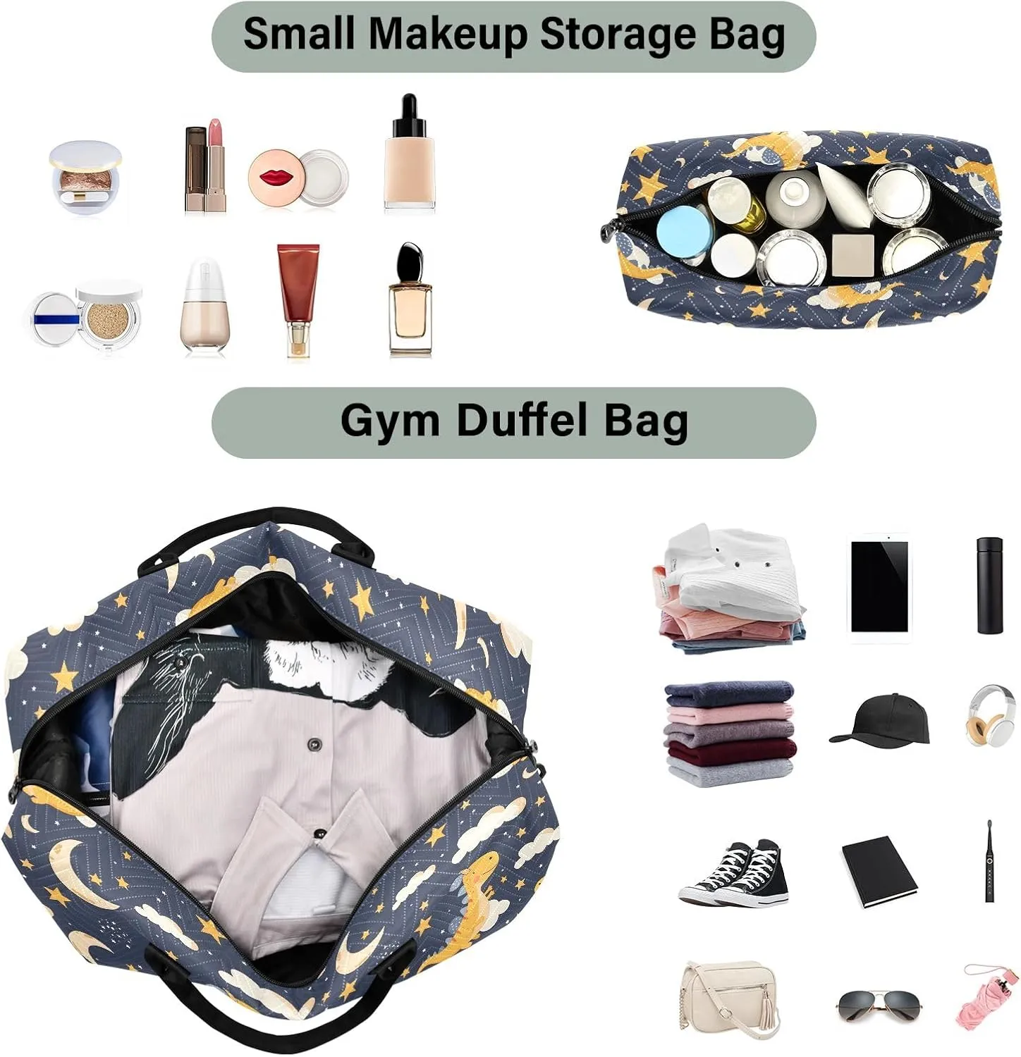 senya Weekender Bags Travel Duffel Gym Bag Dinosaur Stars Moon Carry on Overnight Tote Bag with Toiletry Bag for Airplane Travel Trip Gym Yoga