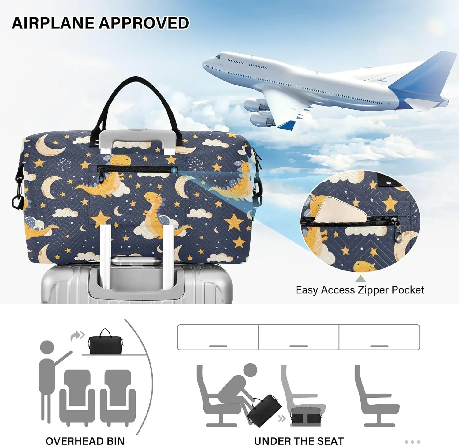 senya Weekender Bags Travel Duffel Gym Bag Dinosaur Stars Moon Carry on Overnight Tote Bag with Toiletry Bag for Airplane Travel Trip Gym Yoga