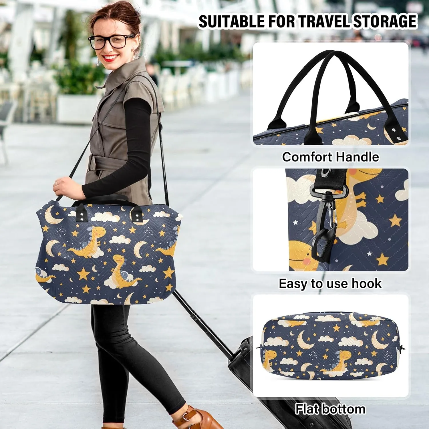 senya Weekender Bags Travel Duffel Gym Bag Dinosaur Stars Moon Carry on Overnight Tote Bag with Toiletry Bag for Airplane Travel Trip Gym Yoga