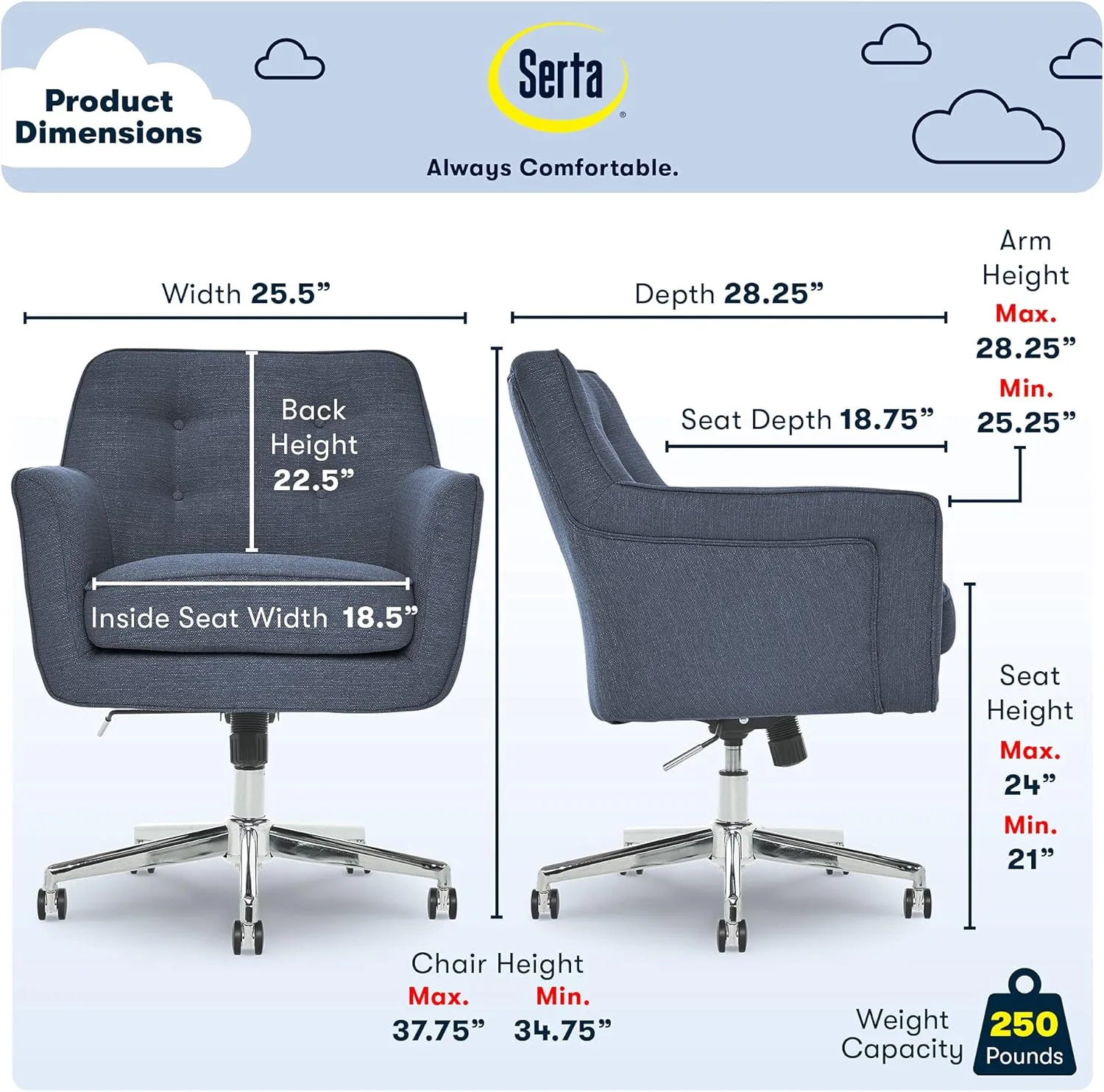Serta Ashland Home Office Desk Chair with Button Tufted Mid-Back, Memory Foam Cushion and Padded Arms, Mid Century Modern Vanity Armchair with Wheels for Bedroom, Chrome Metal Base, Blue