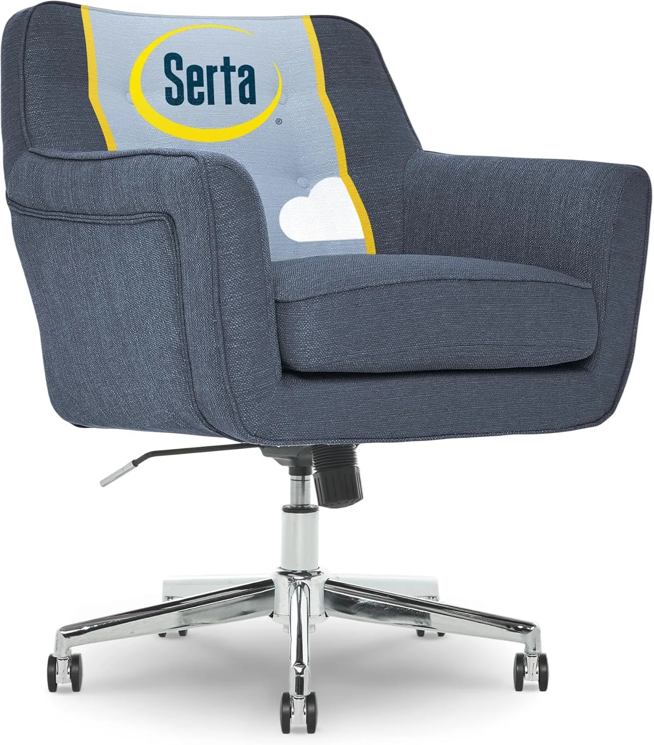 Serta Ashland Home Office Desk Chair with Button Tufted Mid-Back, Memory Foam Cushion and Padded Arms, Mid Century Modern Vanity Armchair with Wheels for Bedroom, Chrome Metal Base, Blue