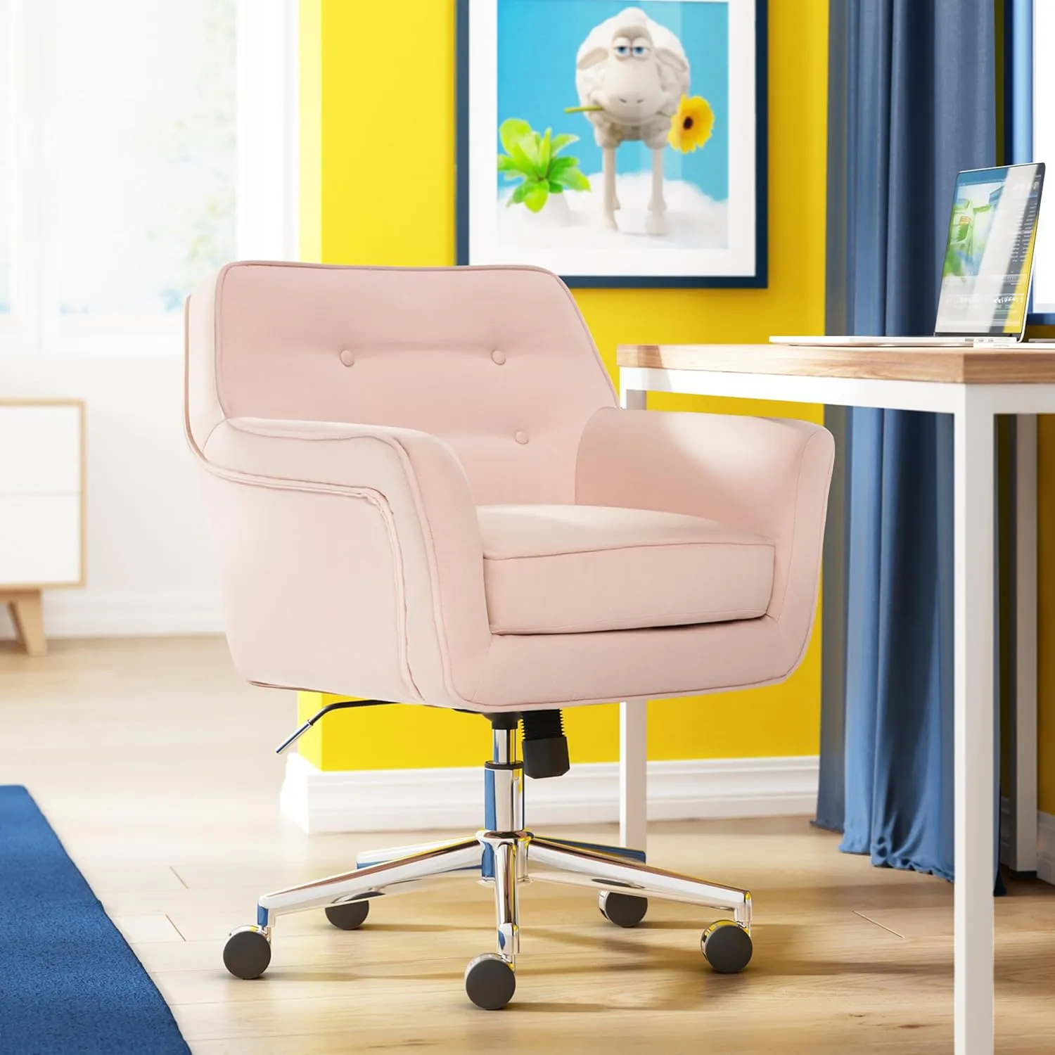 Serta Ashland Home Office Desk Chair with Button Tufted Mid-Back, Memory Foam Cushion and Padded Arms, Mid Century Modern Vanity Armchair with Wheels for Bedroom, Chrome Metal Base, Blush Pink