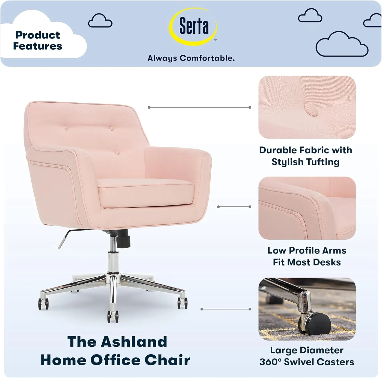 Serta Ashland Home Office Desk Chair with Button Tufted Mid-Back, Memory Foam Cushion and Padded Arms, Mid Century Modern Vanity Armchair with Wheels for Bedroom, Chrome Metal Base, Blush Pink